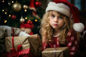 Serious sad little girl is sitting in front of a Christmas tree Generative AI photo