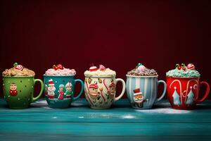 Hot drink with marshmallows and candy cane in colorful mugs. Fir cones, spices in the background. Christmas hot drinks collection. Merry Christmas. AI Generative photo