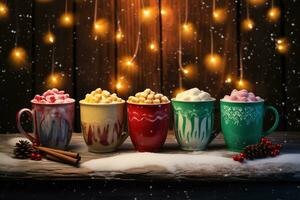 Hot drink with marshmallows and candy cane in colorful mugs. Fir cones, spices in the background. Christmas hot drinks collection. Merry Christmas. Generative AI photo