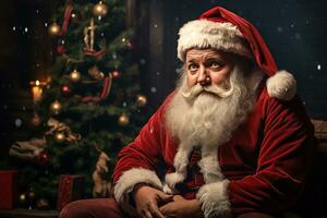 triste Papa Noel claus sentado en el antecedentes de un Navidad árbol generativo ai foto