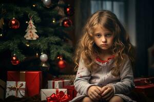Serious sad little girl is sitting in front of a Christmas tree Generative AI photo