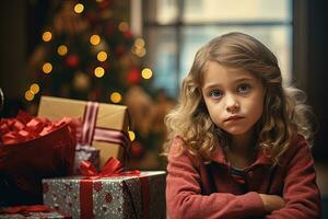 Serious sad little girl is sitting in front of a Christmas tree Generative AI photo