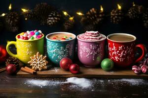 Hot drink with marshmallows and candy cane in colorful mugs. Fir cones, spices in the background. Christmas hot drinks collection. Merry Christmas. AI Generative photo