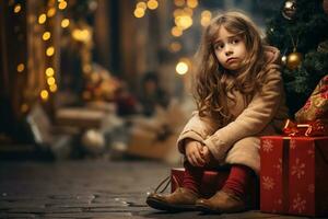 Serious sad little girl is sitting in front of a Christmas tree Generative AI photo