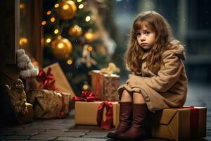 Serious sad little girl is sitting in front of a Christmas tree Generative AI photo