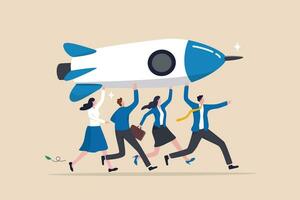 Entrepreneur or startup company, teamwork help develop to launch new project, initiative or opportunity to growth, leadership or cooperation concept, business people team help carry rocket to launch. vector