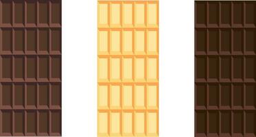 Dark, milk and white chocolate bar set. Unwrapped square pieces of different chocolate. Cocoa organic product vector illustration