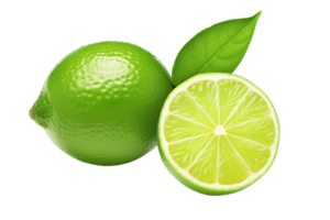 Limes with slice and leaves isolated on transparent background png