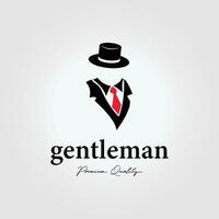 gentleman logo in formal suit with hat and red tie, retro vintage fashion style design icon illustration vector