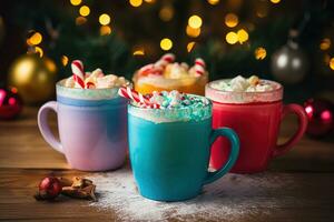 Hot drink with marshmallows and candy cane in colorful mugs. Fir cones, spices in the background. Christmas hot drinks collection. Merry Christmas. Generative AI photo