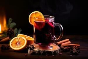 Christmas mulled red wine with spices and fruits. Traditional hot drink at Christmas time. Festive mood Generative AI photo