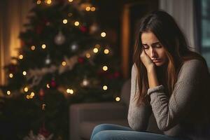 Sad woman sitting on the background of a Christmas tree AI Generative photo
