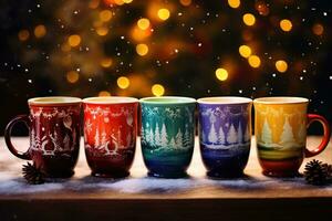 Hot drink with marshmallows and candy cane in colorful mugs. Fir cones, spices in the background. Christmas hot drinks collection. Merry Christmas. AI Generative photo