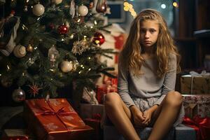 Serious sad little girl is sitting in front of a Christmas tree Generative AI photo
