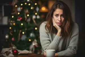 Sad woman sitting on the background of a Christmas tree Generative AI photo