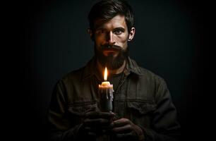 Man looking at the camera with a candle in the dark. Blackout concept. AI Generative photo