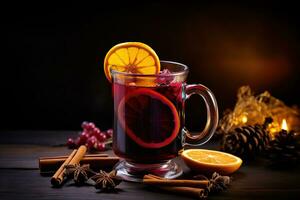 Christmas mulled red wine with spices and fruits. Traditional hot drink at Christmas time. Festive mood Generative AI photo