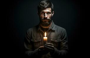 Man looking at the camera with a candle in the dark. Blackout concept. AI Generative photo