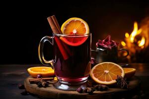 Christmas mulled red wine with spices and fruits. Traditional hot drink at Christmas time. Festive mood Generative AI photo