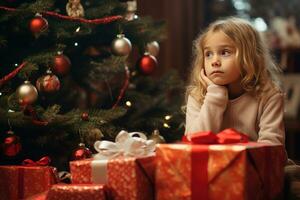 Serious sad little girl is sitting in front of a Christmas tree Generative AI photo