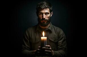 hombre mirando a el cámara con un vela en el oscuro. apagón concepto. ai generativo foto