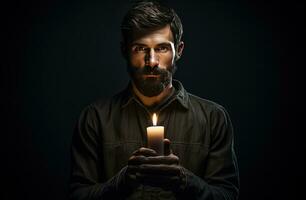 Man looking at the camera with a candle in the dark. Blackout concept. photo