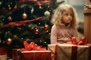 Serious sad little girl is sitting in front of a Christmas tree Generative AI photo