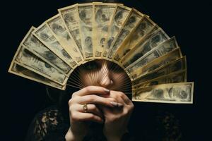 Young woman covering her face with fan of dollar bills. Dark background, Girl covering her face with money fan close up, no hand deformation, AI Generated photo