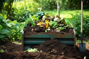 jardinería herramientas y plantas en el jardín. jardinería concepto, verde hogar compostaje, enriquecedor suelo con orgánico residuos en jardín compostador, ai generado foto