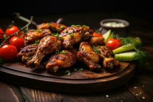 Grilled chicken wings on wooden cutting board with sauce and vegetables, Grilled chicken wings with vegetables on dark wooden background. Selective focus, AI Generated photo