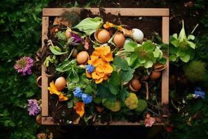 Pascua de Resurrección decoración con huevos y flores en de madera caja. parte superior vista, verde hogar compostaje, enriquecedor suelo con orgánico residuos en jardín compostador, ai generado foto