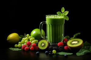 Healthy green smoothie with fresh fruits and berries on black background, Green smoothie with fruits and berries on Black background. Healthy food concept, AI Generated photo