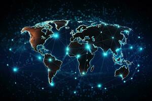 World map on technological background, glowing lines symbols. 3D rendering, Global network connection on a world map hologram, Black background, AI Generated photo