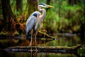 genial azul garza Ardea herodias en pie en un registro, genial azul garza en Everglades nacional parque, Florida, EE.UU, ai generado foto