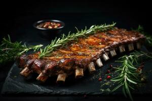 Grilled ribs with rosemary and spices on a black background, grilled ribs with herbs and spices on Black background, copy space, AI Generated photo