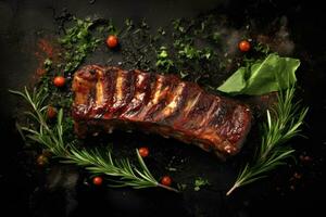 Grilled pork ribs with herbs and cherry tomatoes on a black background, grilled ribs with herbs and spices on Black background, copy space, AI Generated photo