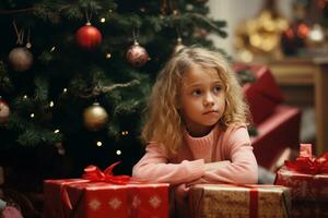 Serious sad little girl is sitting in front of a Christmas tree Generative AI photo