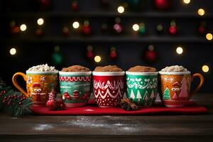 Hot drink with marshmallows and candy cane in colorful mugs. Fir cones, spices in the background. Christmas hot drinks collection. Merry Christmas. AI Generative photo