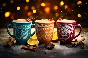 Hot drink with marshmallows and candy cane in colorful mugs. Fir cones, spices in the background. Christmas hot drinks collection. Merry Christmas. Generative AI photo