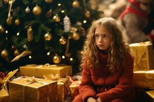grave triste pequeño niña es sentado en frente de un Navidad árbol generativo ai foto