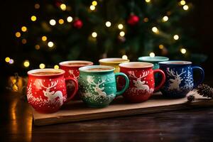 Hot drink with marshmallows and candy cane in colorful mugs. Fir cones, spices in the background. Christmas hot drinks collection. Merry Christmas. AI Generative photo