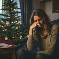 Sad woman sitting on the background of a Christmas tree AI Generative photo