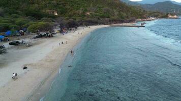 aérien vue de gens baignade dans le soleil, natation, et en jouant Jeux sur le plage. Haut vue de drone à plage et Azur mer video