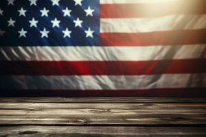 Wooden tabletop with a blurred USA flag background. Generated by artificial intelligence photo