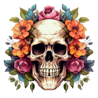 Skull with flowers isolated png ai generative