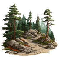 Forest landscape. Path between rocks and fir trees ai generative png