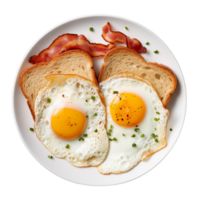Plate of fried eggs, bacon, and toast isolated on transparent ai generative png