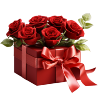 Red rose branch in the red love gift box png ai generative