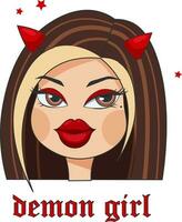 Glamorous girl with big lips and eyes in the style of y2k dolls, 2000s. Retro inscription Demon girl. Vector illustration on a transparent background