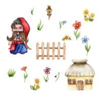 Set of boy gnome in national ukrainian costume ,country houses and flowers. png